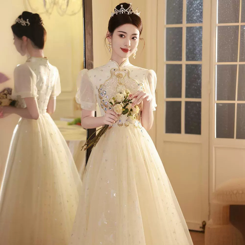 シャンパン色 半袖 ロング カラードレス シンプル 韓国風 ​ウェディング パーティー 演奏会 二次会 HL080