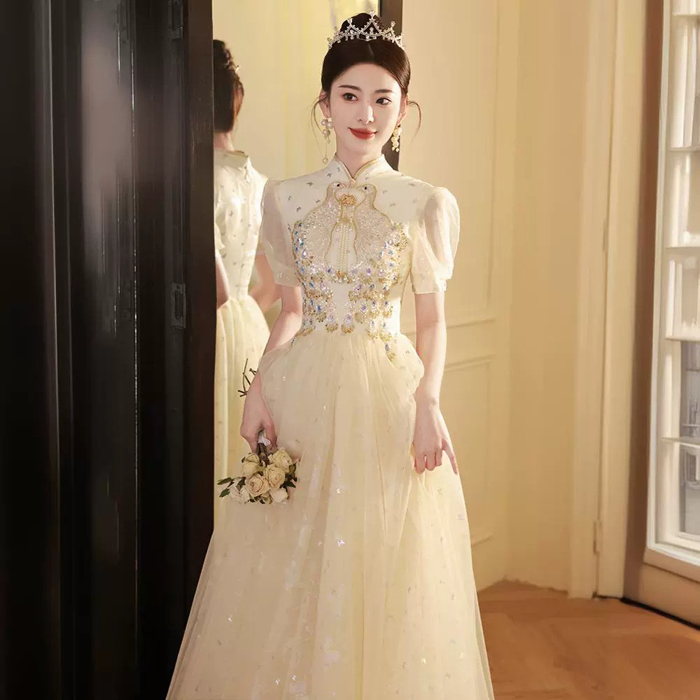 シャンパン色 半袖 ロング カラードレス シンプル 韓国風 ​ウェディング パーティー 演奏会 二次会 HL080