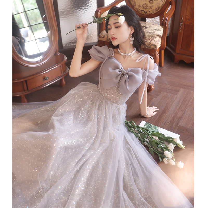 シルバー オフショルダー ロング カラードレス リボン 韓国風 ​ウェディング パーティー 演奏会 二次会 HL081