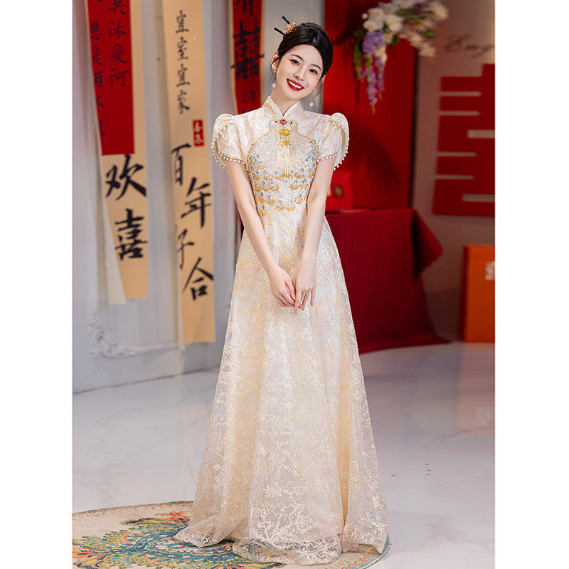 シャンパン色 半袖 ロング カラードレス エレガント ​花嫁 ウェディング パーティー 演奏会 二次会 HL082