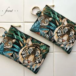 フランス生地のカラビナ付きポーチ SAFECO社ジャガード トラ柄 ヒョウ柄 アニマル コインケース ミニ財布 小物入れ 4枚目の画像