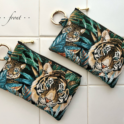 フランス生地のカラビナ付きポーチ SAFECO社ジャガード トラ柄 ヒョウ