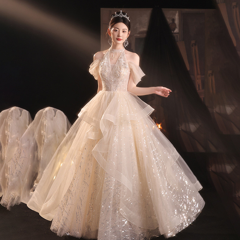 シャンパン色 きらきら オフショルダー ロング カラードレス 綺麗 ウェディング パーティー 演奏会 二次会 HL083