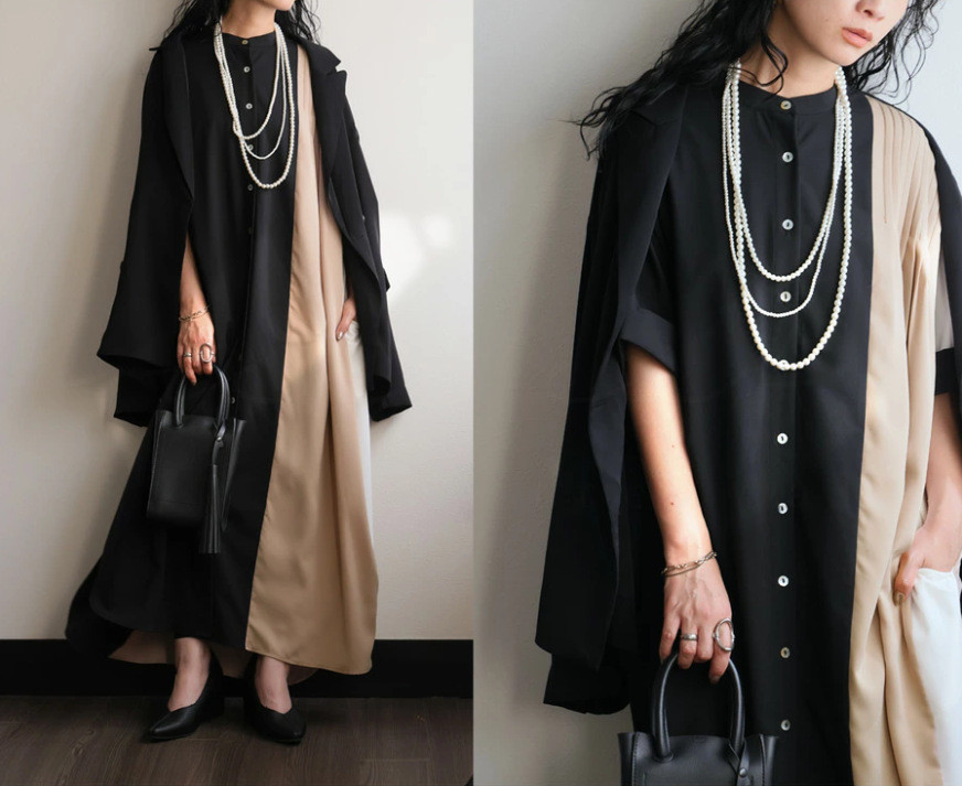 秋冬レディースシングル段ボタンカラーブロックルーズフィットワンピース【返品・交換可】品質最優先25-492