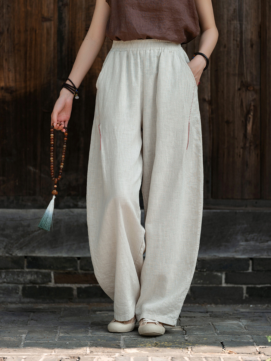 リネンコットン ワイド ランタンスパンツ ゴムウエスト レトロ ステッチ入り 6227