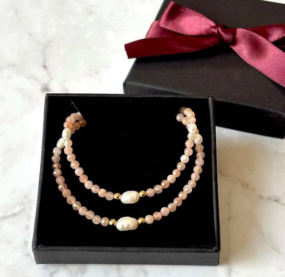 <お得なセット>着脱簡単♪オレンジムーンストーンと淡水パールのネックレス&ブレスレット　マグネット　天然石　２点セット