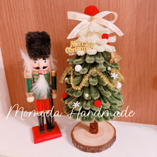 モールフラワー クリスマスツリー 白×緑 ハンドメイド 盆栽 Momoda
