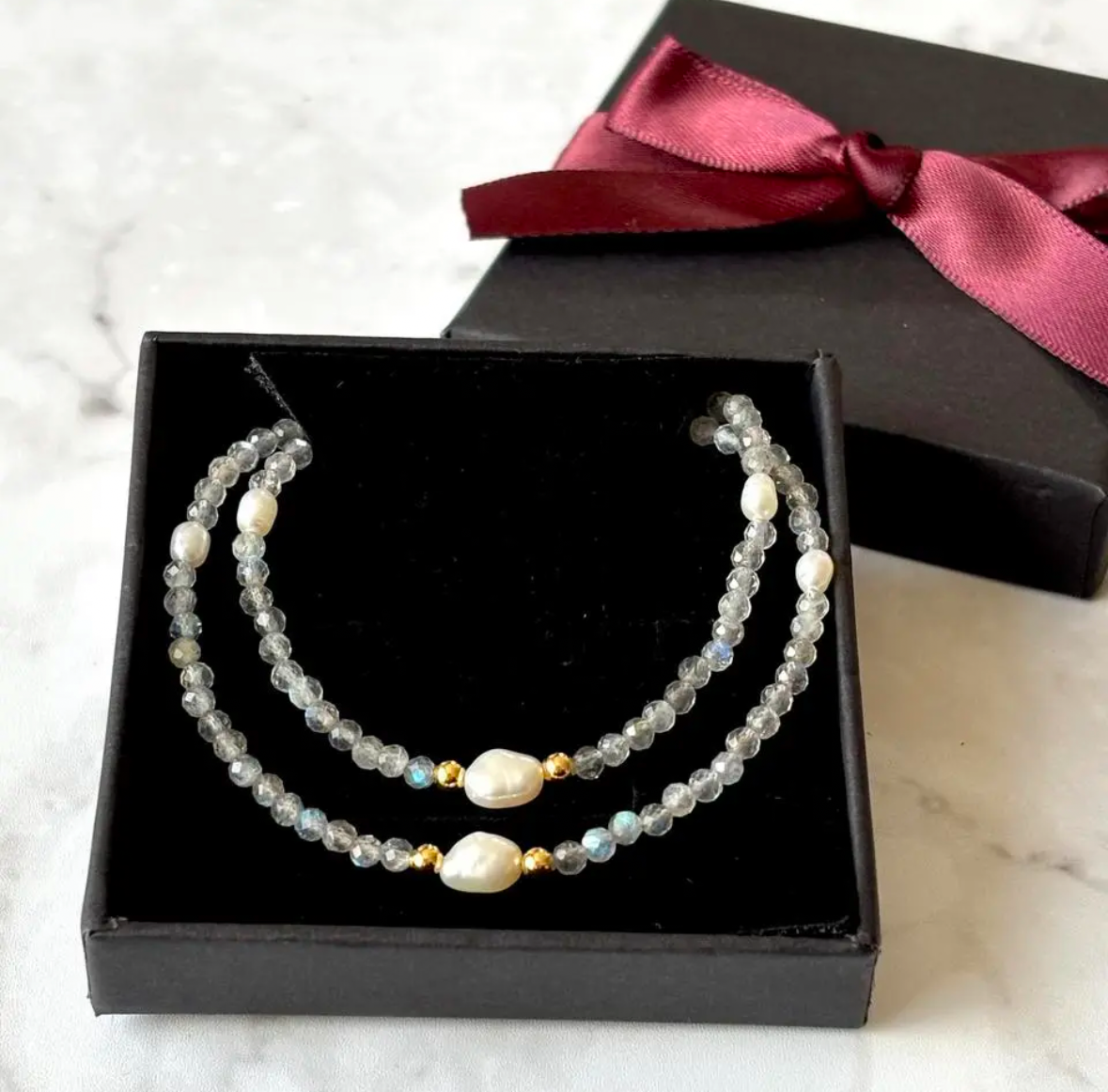 <お得セット>簡単着脱♪ラブラドライトと淡水パールのネックレスとブレスレット　天然石アクセサリー　２点セット