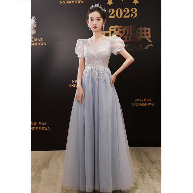 青 パフスリーブ ロング カラードレス シンプル 韓国風 ウェディング パーティー 演奏会 二次会 HL085