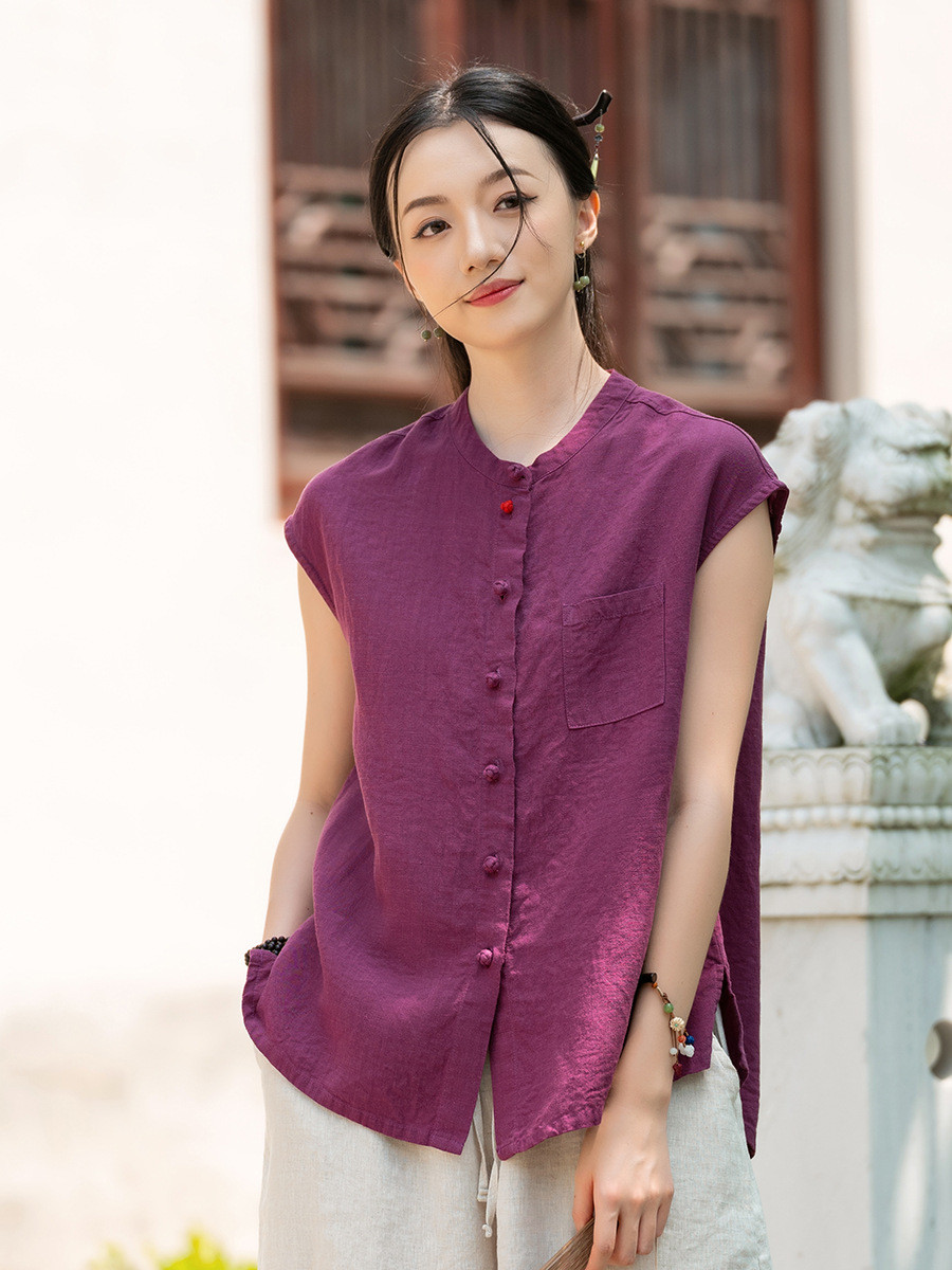 リネン混ノースリーブ立ち襟ゆったりカジュアルチャイナボタンブラウス 8388