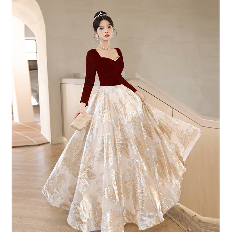 赤 長袖 半袖 ロング カラードレス シンプル 韓国風 花嫁 ウェディング パーティー 演奏会 二次会 HL087