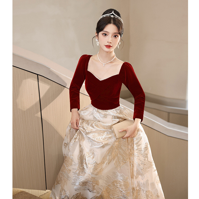 赤 長袖 半袖 ロング カラードレス シンプル 韓国風 花嫁 ウェディング パーティー 演奏会 二次会 HL087