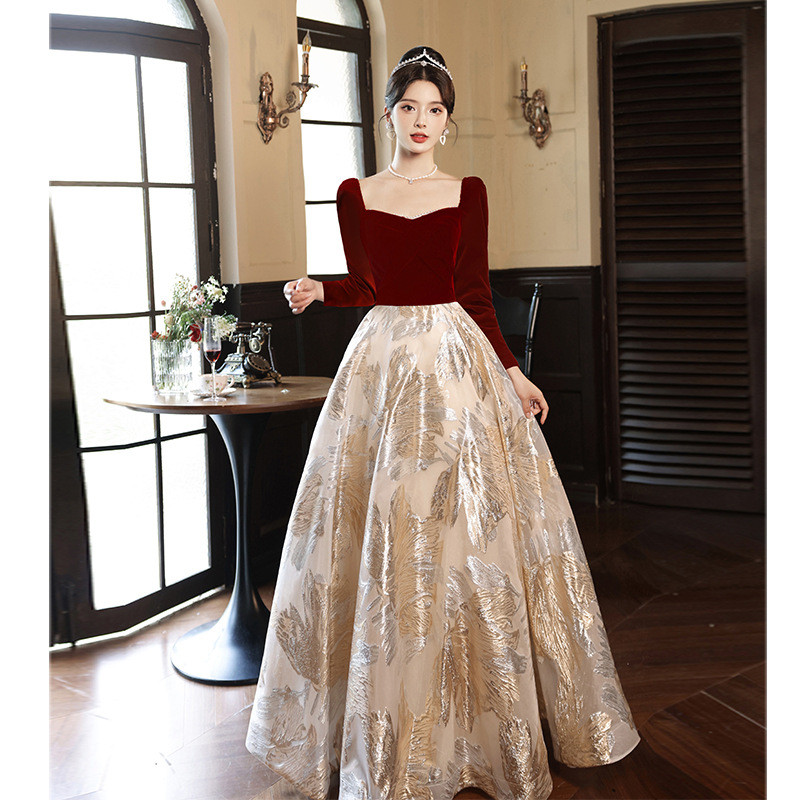 赤 長袖 半袖 ロング カラードレス シンプル 韓国風 花嫁 ウェディング パーティー 演奏会 二次会 HL087