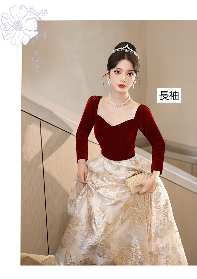 赤 長袖 半袖 ロング カラードレス シンプル 韓国風 花嫁 ウェディング パーティー 演奏会 二次会 HL087