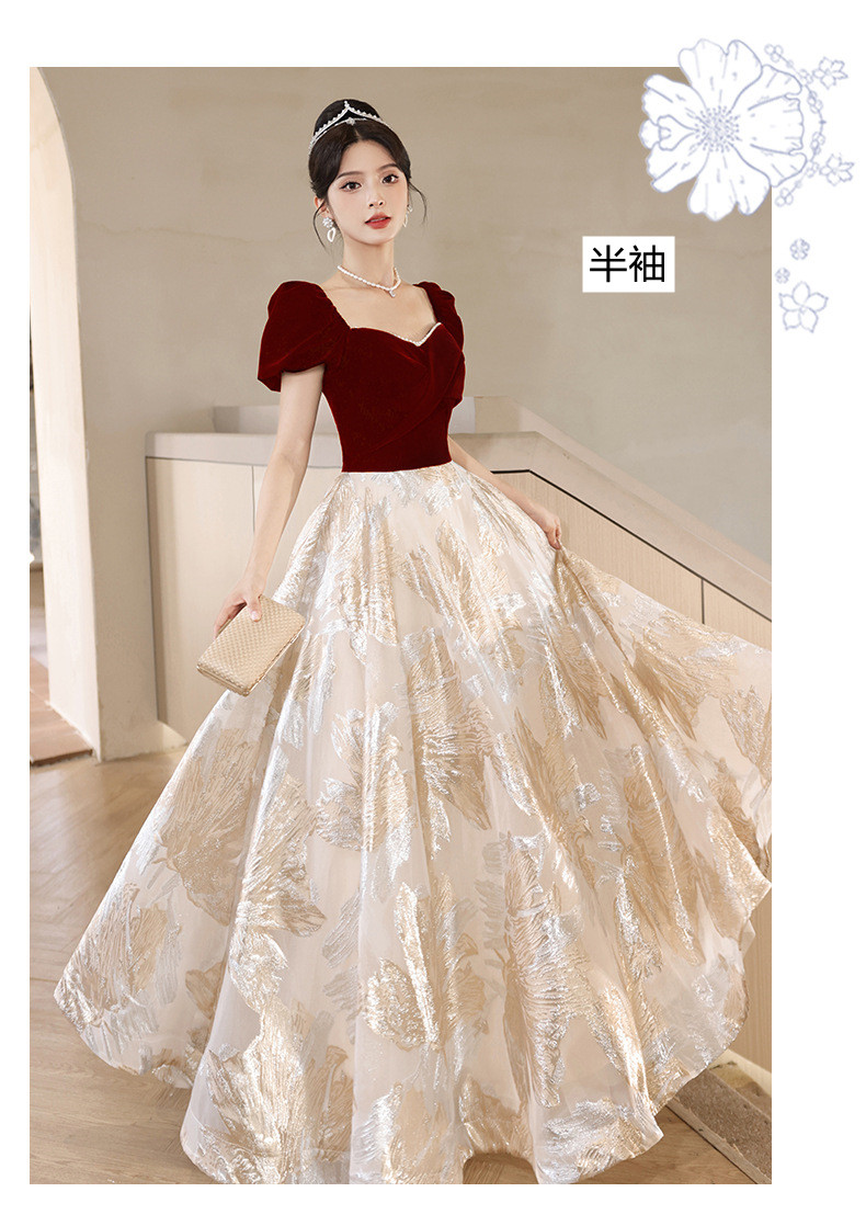 赤 長袖 半袖 ロング カラードレス シンプル 韓国風 花嫁 ウェディング パーティー 演奏会 二次会 HL087