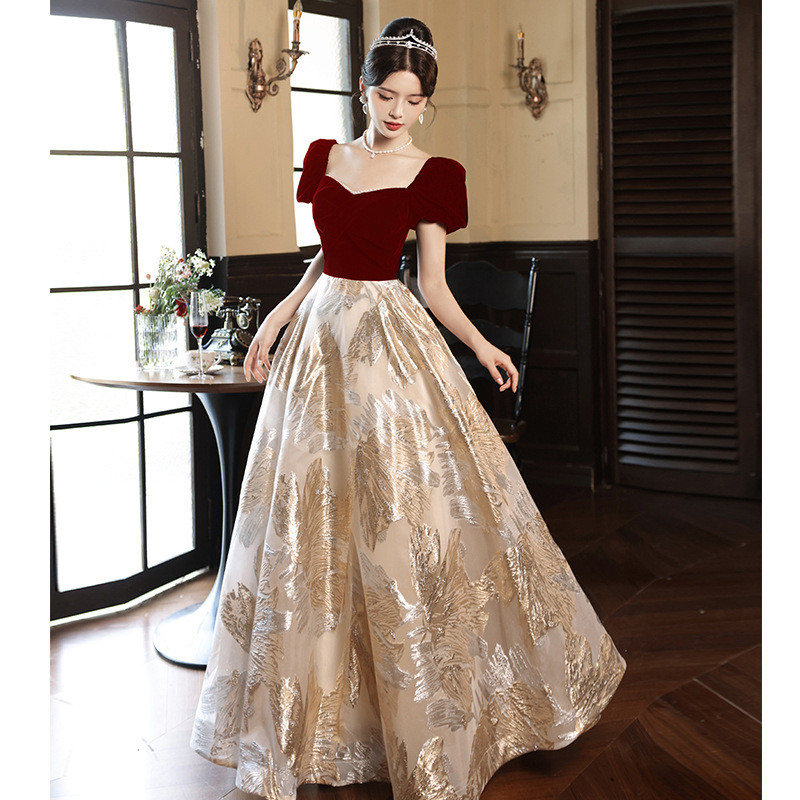 赤 長袖 半袖 ロング カラードレス シンプル 韓国風 花嫁 ウェディング パーティー 演奏会 二次会 HL087