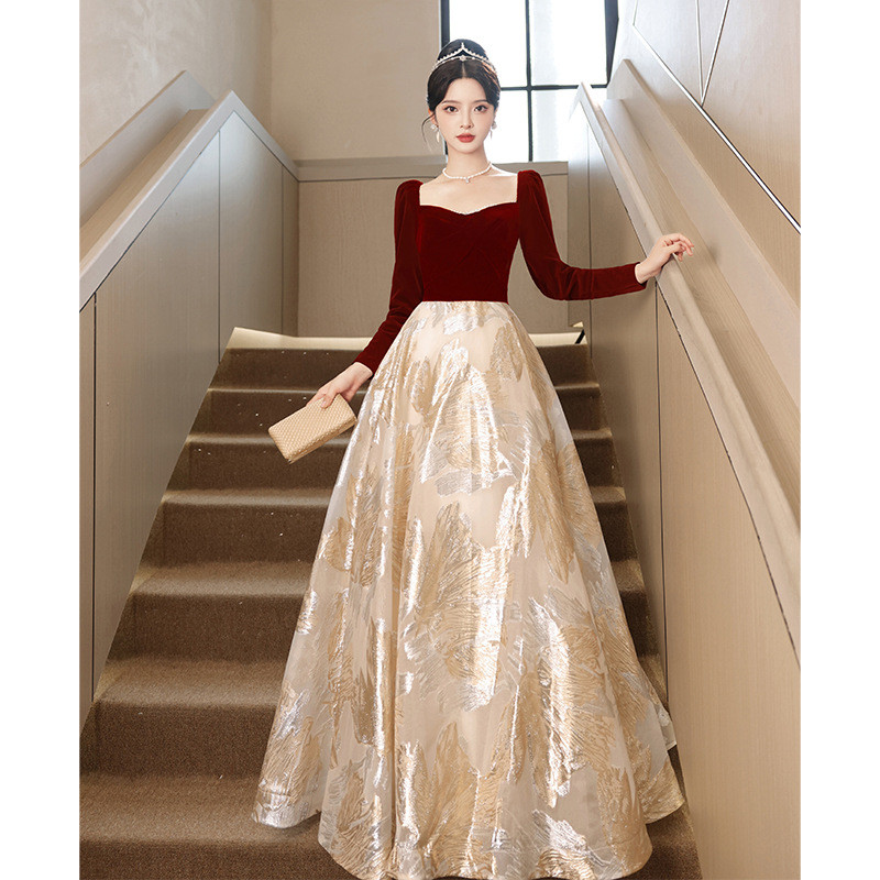 赤 長袖 半袖 ロング カラードレス シンプル 韓国風 花嫁 ウェディング パーティー 演奏会 二次会 HL087