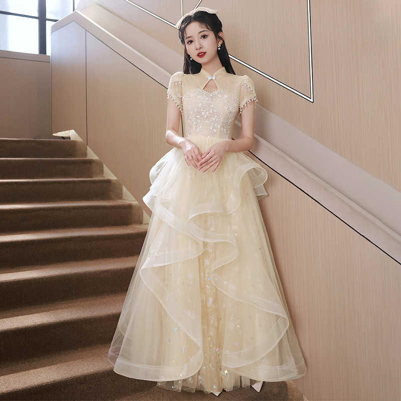 シャンパン色 半袖 ロング カラードレス シンプル 韓国風 ウェディング パーティー 演奏会 二次会 HL088