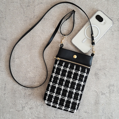 きらめくファンシーツイードと合皮の スマホショルダーバッグ Sサイズ
