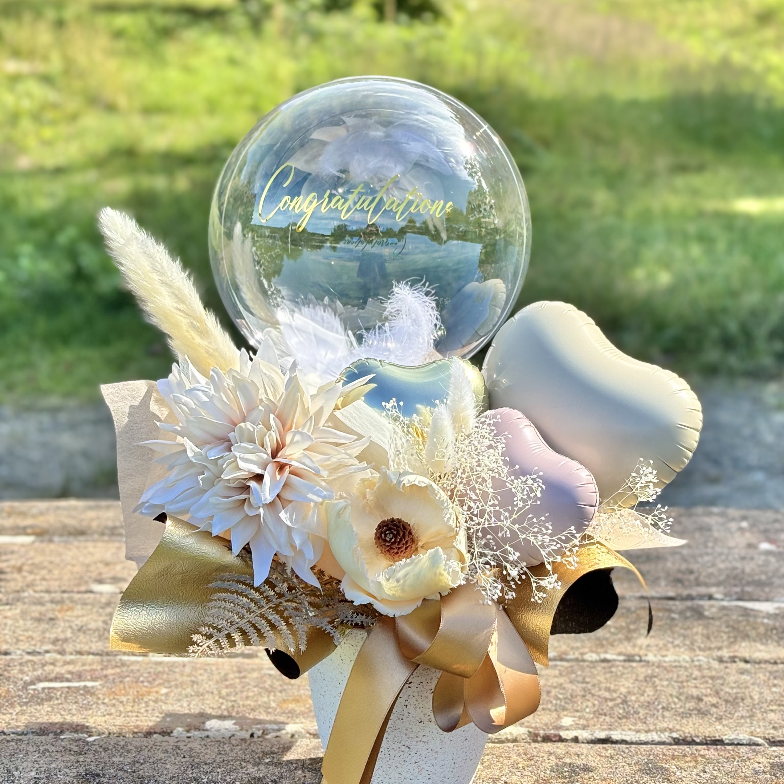 【置き型】クリアバルーンフラワー ゴールド｜｜開店祝い・結婚祝い・誕生日・昇進祝いに