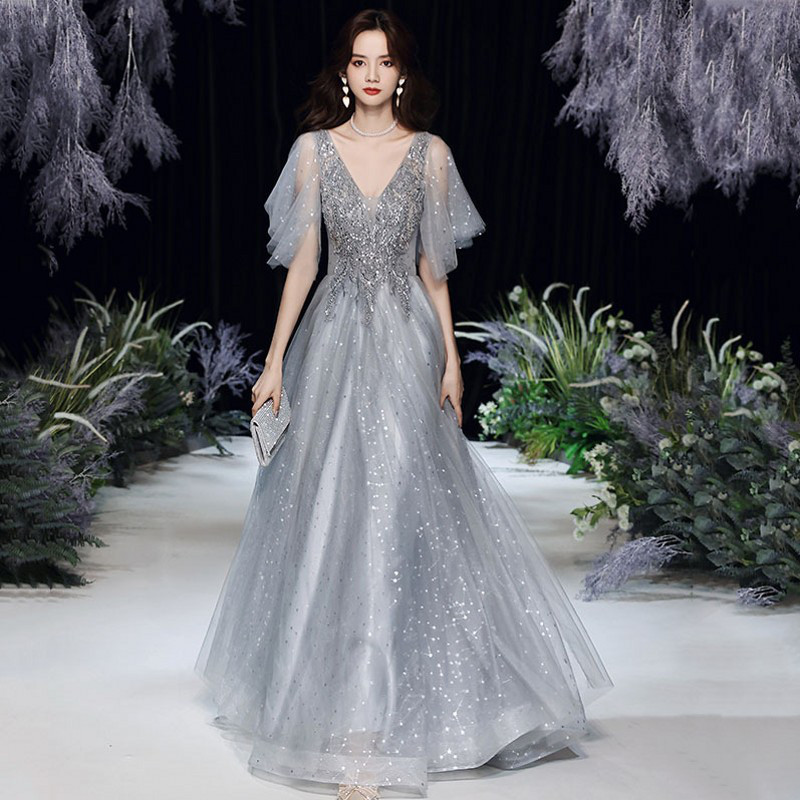 グレー Vネック キラキラ ロング カラードレス 綺麗 韓国風 ウェディング パーティー 演奏会 二次会 HL099