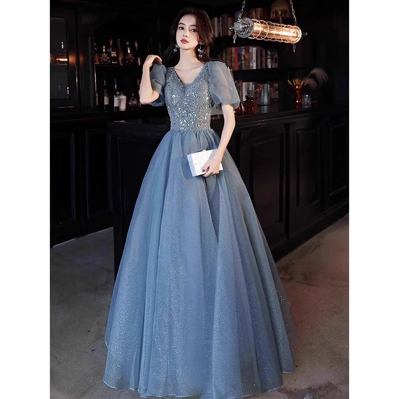 青 グレー パフスリーブ Vネック ロング カラードレス 韓国風 ウェディング パーティー 演奏会 二次会 HL102