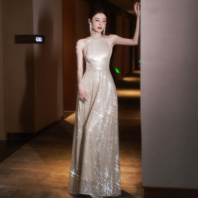 薄シャンパン色 ロング キラキラグリッター カラードレス 韓国風 ​ウェディング パーティー 演奏会 二次会 AK185