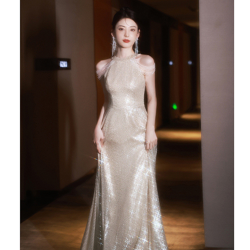 薄シャンパン色 ロング キラキラグリッター カラードレス 韓国風 ​ウェディング パーティー 演奏会 二次会 AK185