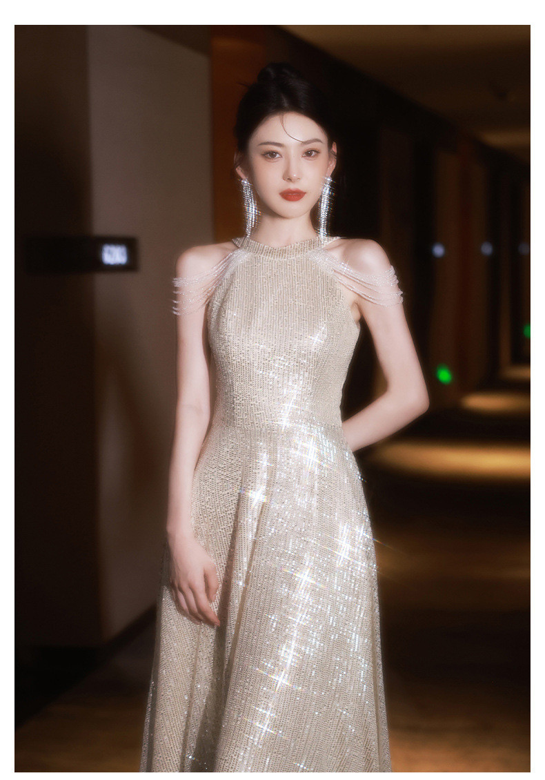 薄シャンパン色 ロング キラキラグリッター カラードレス 韓国風 ​ウェディング パーティー 演奏会 二次会 AK185