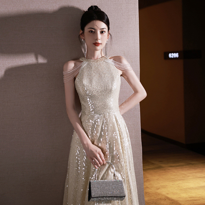 薄シャンパン色 ロング キラキラグリッター カラードレス 韓国風 ​ウェディング パーティー 演奏会 二次会 AK185