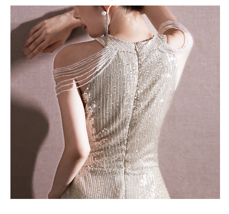 薄シャンパン色 ロング キラキラグリッター カラードレス 韓国風 ​ウェディング パーティー 演奏会 二次会 AK185