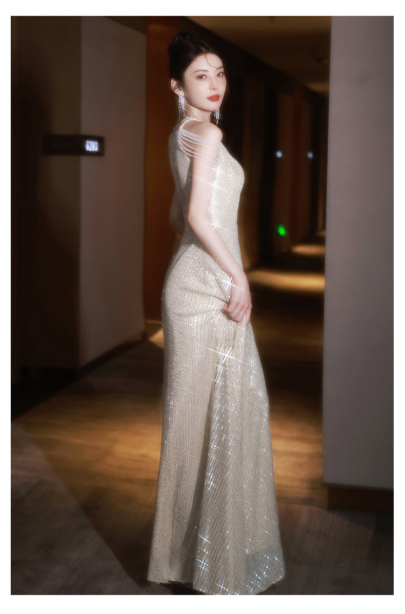 薄シャンパン色 ロング キラキラグリッター カラードレス 韓国風 ​ウェディング パーティー 演奏会 二次会 AK185