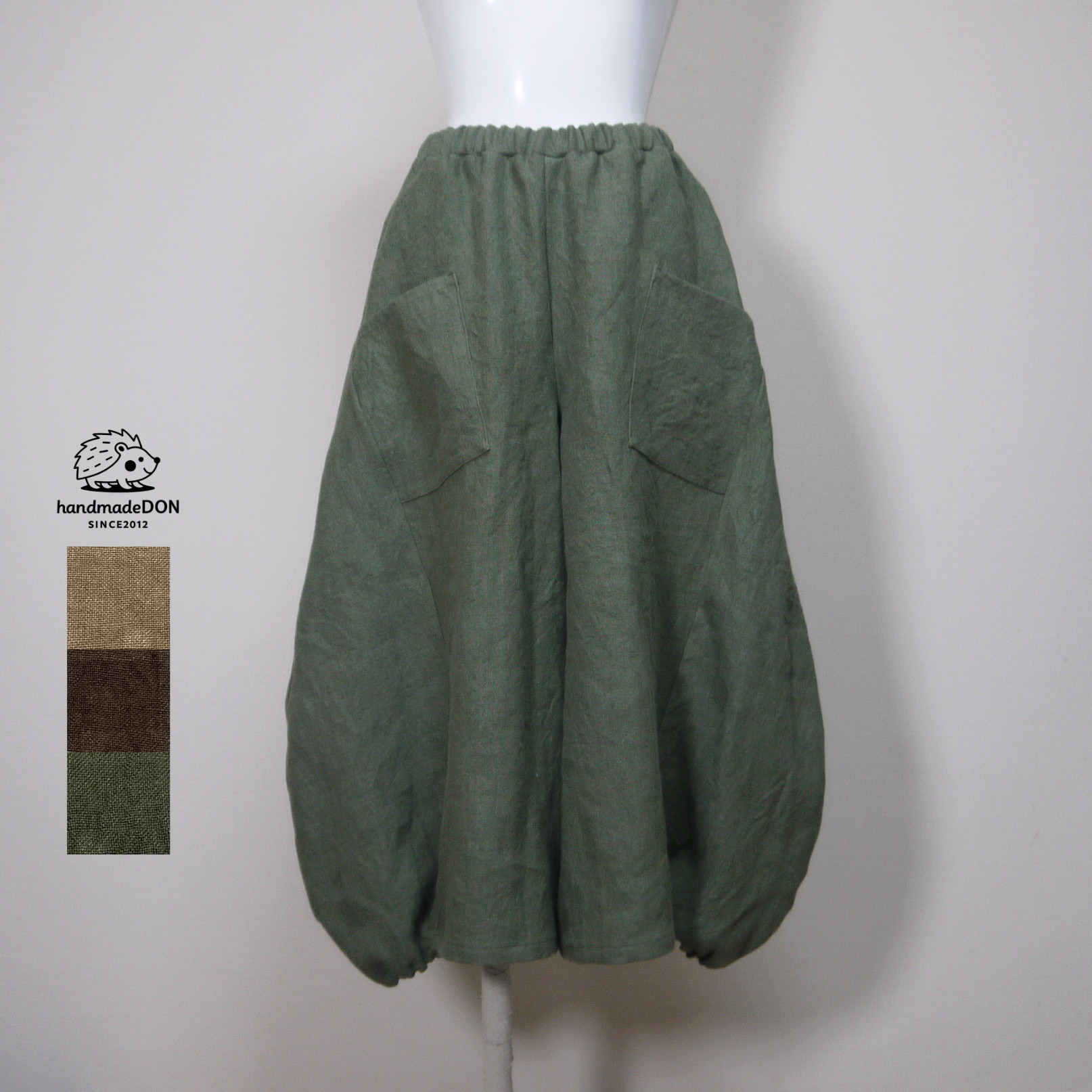 バルーンキュロット　ロング◆【ドンゴロス・オリーブ】厚手リネン100％◆S・M・Ⅼ・LL