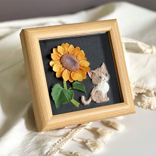 原画］和紙ちぎり絵『夏の花とネコ』ひまわりとハチワレ猫のミニアート