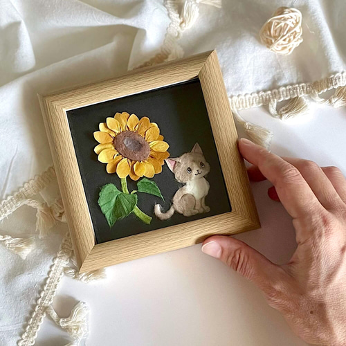 原画］和紙ちぎり絵『夏の花とネコ』ひまわりとハチワレ猫のミニアート