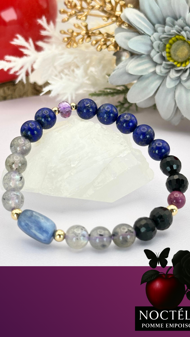 天然石ブレスレット カイヤナイトインフックサイト×アイスラピス×アメジスト宝石質 ×モリオン 守護ブレスレット