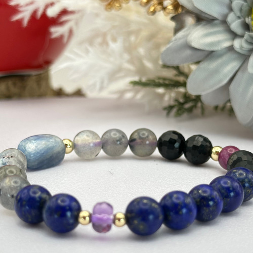 天然石ブレスレット カイヤナイトインフックサイト×モリオン×アイスラピスラズリ 天然石ブレスレット カイヤナイトインフックサイト×アイスラピス