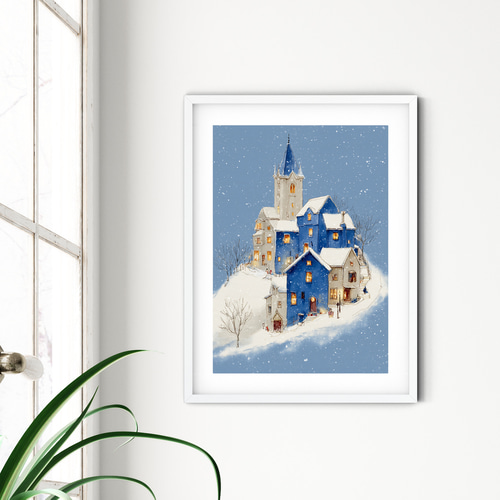 雪降る町【夜空に浮かぶ青い家 タイプA 】 冬景色 クリスマス