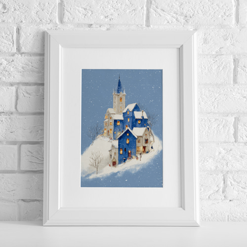 雪降る町【夜空に浮かぶ青い家 タイプA 】 冬景色 クリスマス