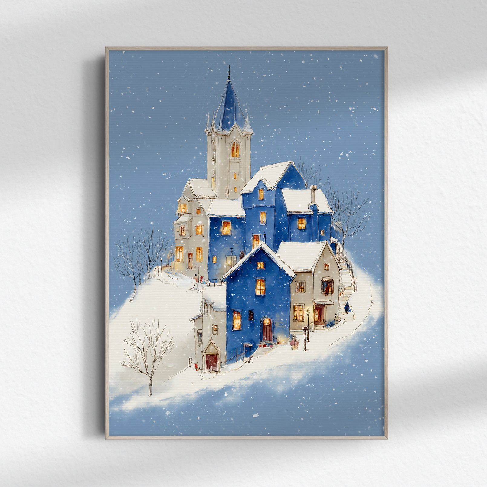 雪降る町【夜空に浮かぶ青い家 タイプA 】 冬景色 クリスマス