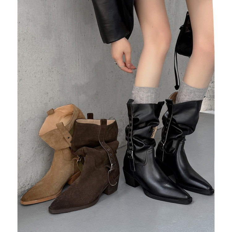 25秋冬レトロウエスタンブーツレディース太ヒールスタックブーツトレンドベルトバックル中ヒールミッドカットブーツ#1259