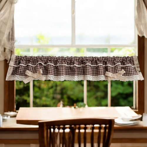 カフェカーテン リボン 綿麻リネン レース3種類 茶系 チェック