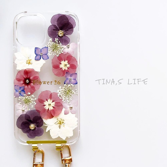 押し花ケース オーダー iPhone Android スマホショルダー付き】紫ビオラ押し花スマホケース iPhoneケース