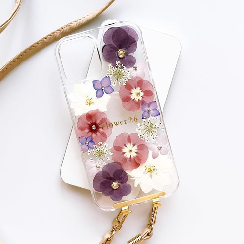 スマホショルダー付き】紫ビオラ押し花スマホケース iPhoneケース
