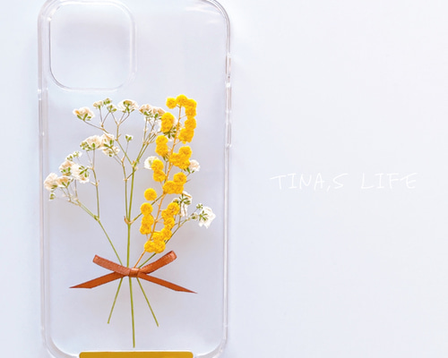 スマホショルダー付き】ミモザかすみ草押し花スマホケース iPhone