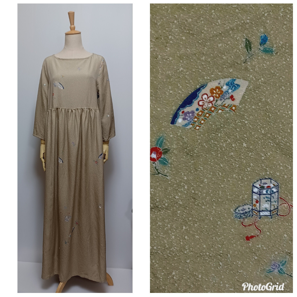 着物リメイク　くちば色地　　貝桶　扇　花柄　L　ウエスト切り替え・七分袖ワンピース