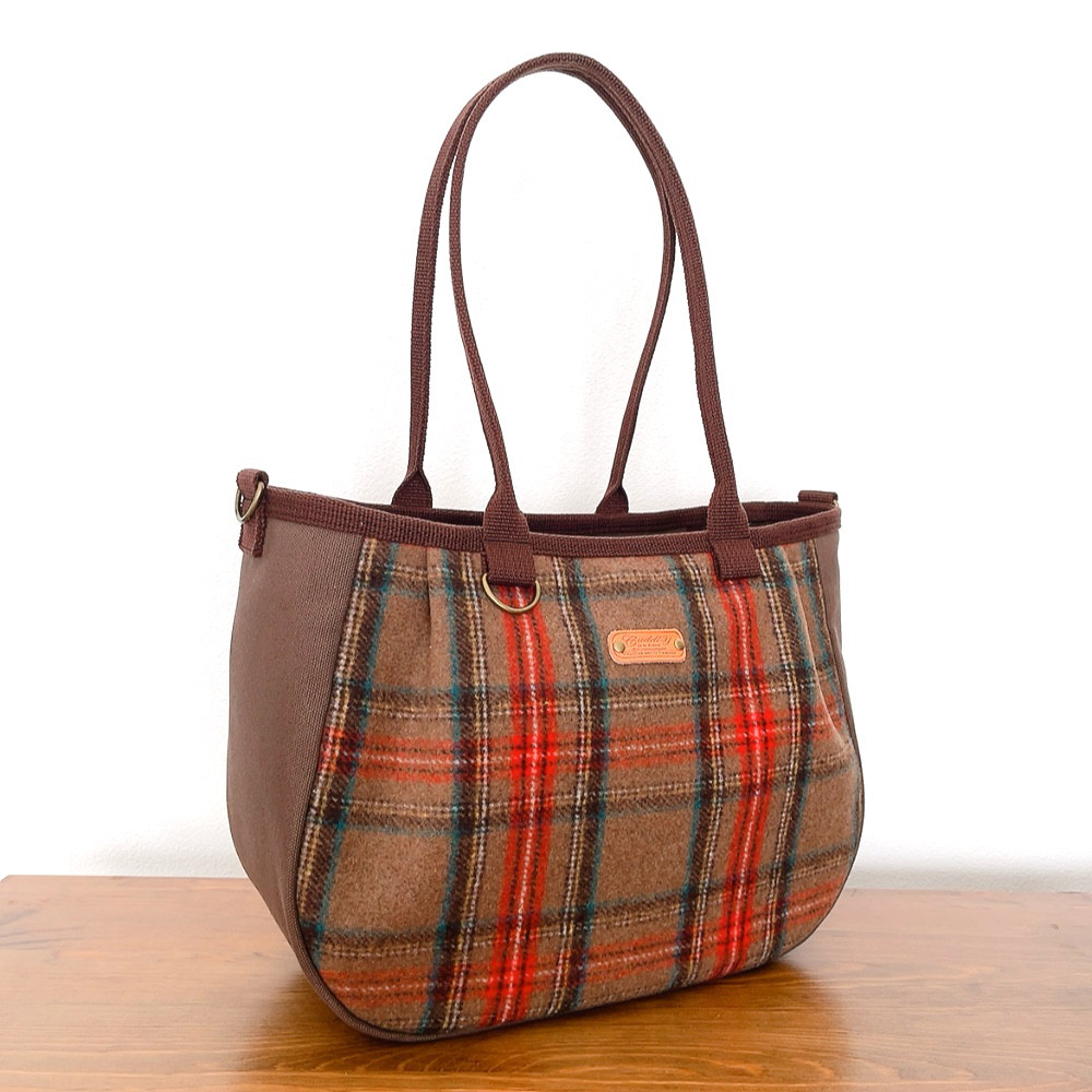 ♥️中♥️ウール　モカ×赤チェック×茶倉敷帆布　ころりんバッグ　ショルダー　トートバッグ　秋冬　2WAY