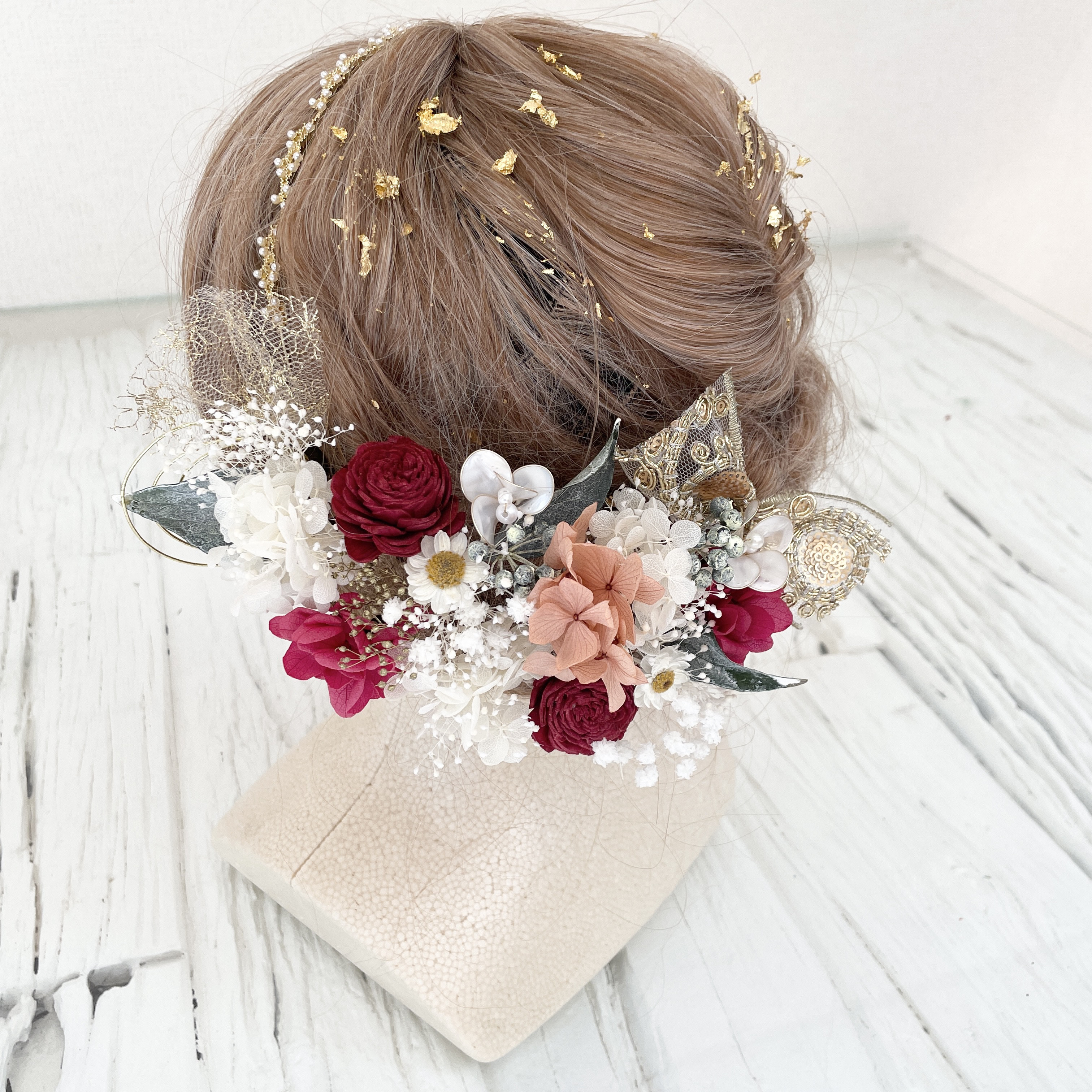 和装髪飾り　ヘッドドレス　水引×金箔　ゴールド　ホワイト　えんじ　ワインレッド