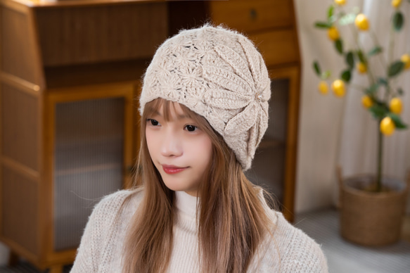 専用 手編み 【Lady's】オシャレな帽子 ベージュ ニット帽・ビーニー