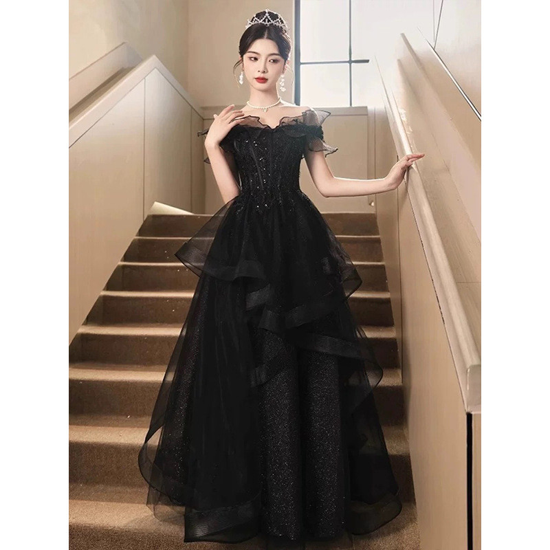 黒 オフショルダー カラードレス おしゃれ 高級感 韓国風 ​ウェディング パーティー 演奏会 二次会 AK197